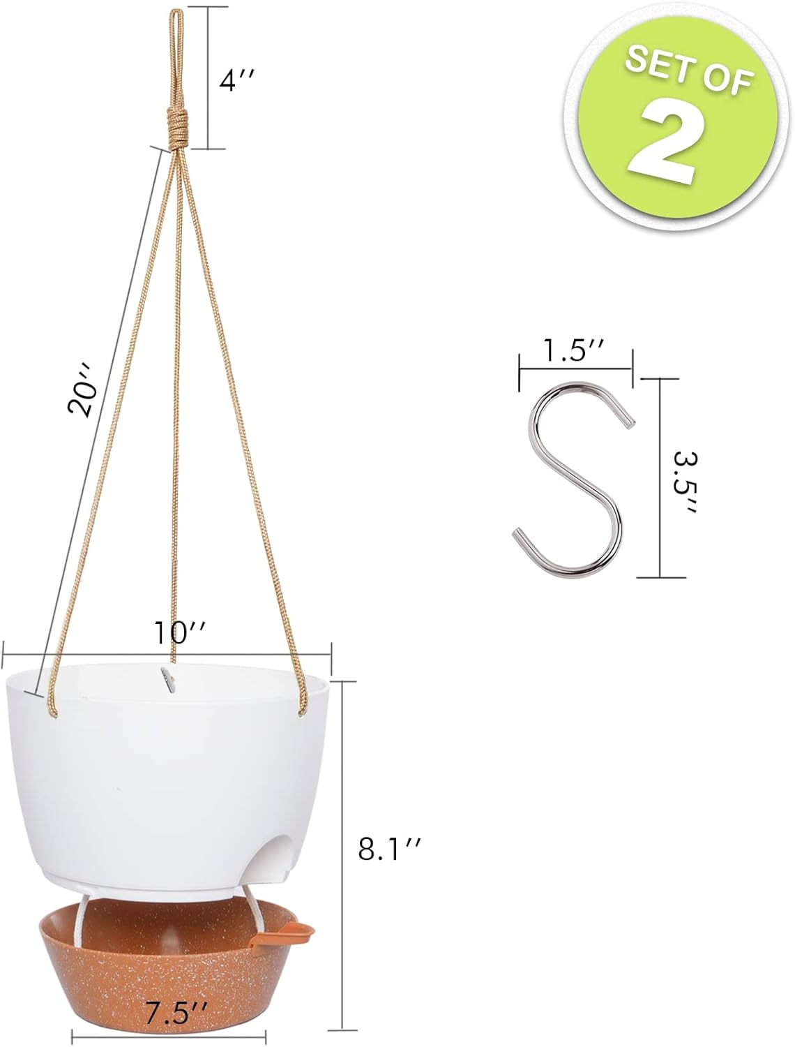 10 Inch Self Watering Hanging Pots, 2 Pack Hanging Planters with 40oZ Deep Reservior for Indoor Outdoor Plants Flowers, White with Brown