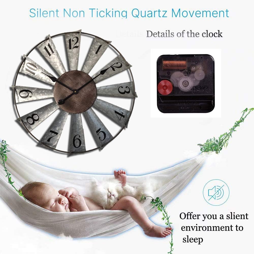 Mrocioa 24inch Windmill Distressed Metal Wall Clocks Rustic Large Decorative Clock Oversized Farmhouse Decor,Non Ticking,Battery Operated