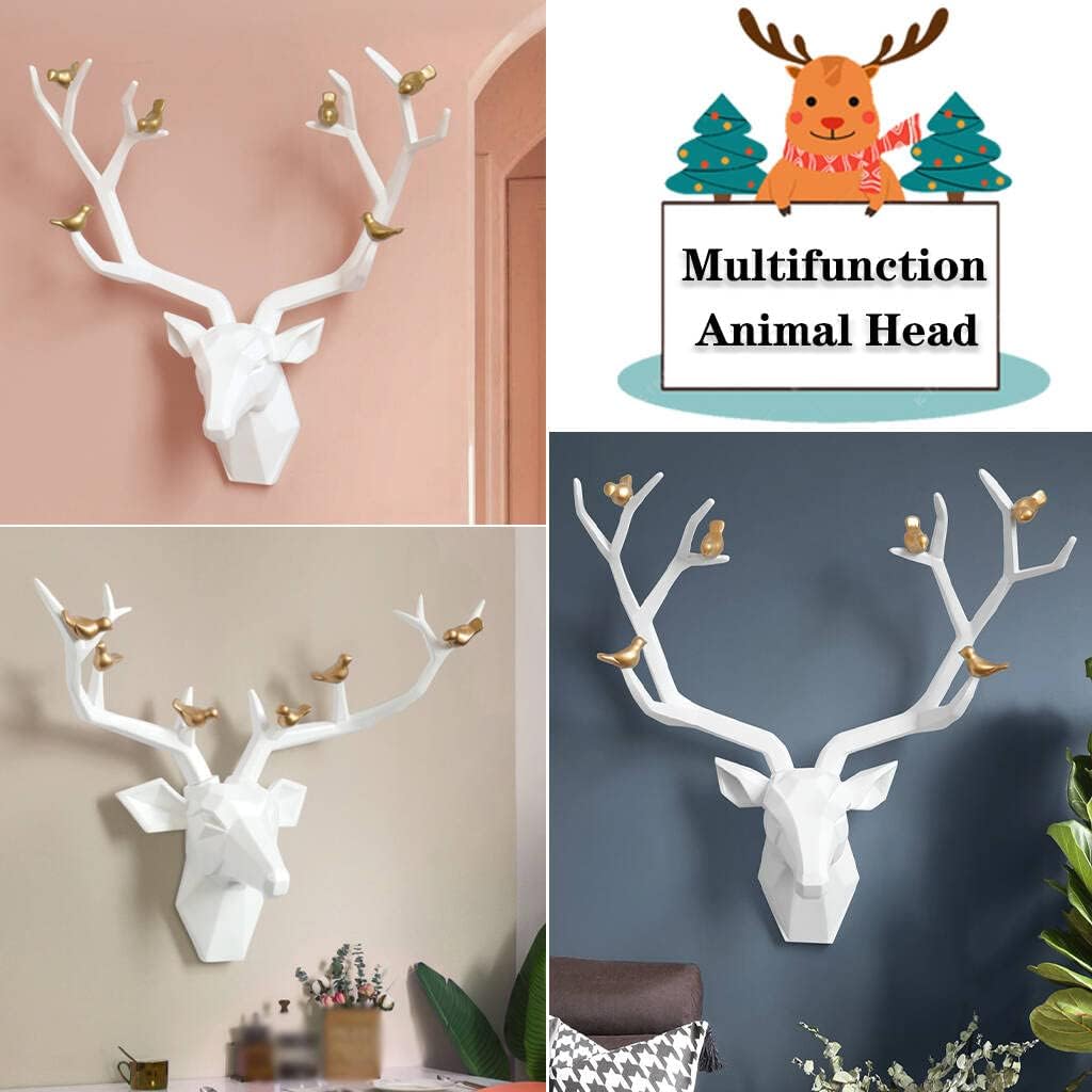 Deer Head Wall Decor Geometric Rustic Wall Mounted Deer Head, Faux Taxidermy Animal Head Wall Art Pendant, Handmade Resin Head Sculptures for Porch, Detachable Antlers, 6 Styles(White,21.8x15.7IN)
