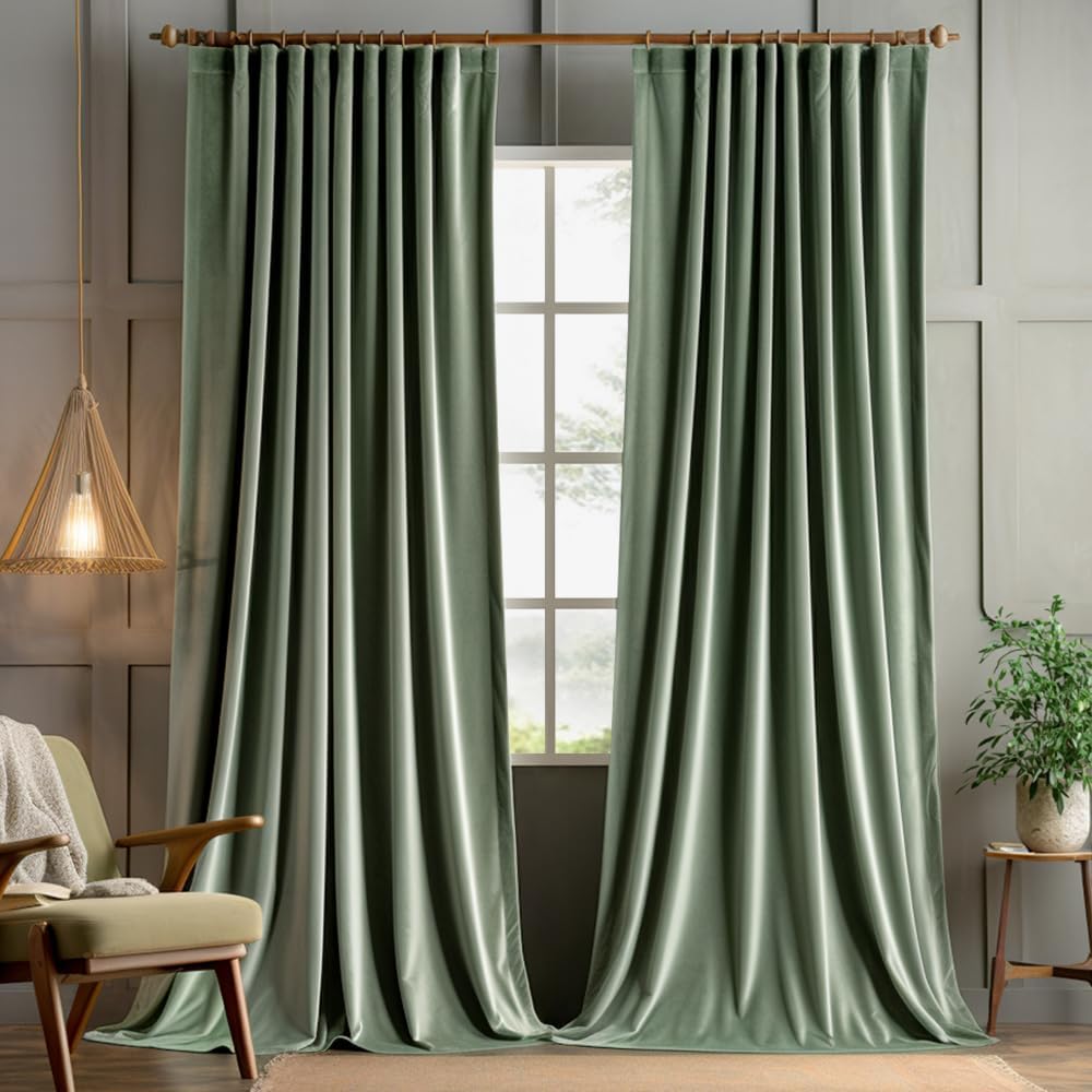 MIULEE Sage Green Polyester Curtains 96 inches 2 Panels - Pinch Pleated Luxury Room Darkening Window Drapes for Bedroom Living Room Blackout Thermal Insulated Super Soft, Back Tab Rod Pocket W52 x L96