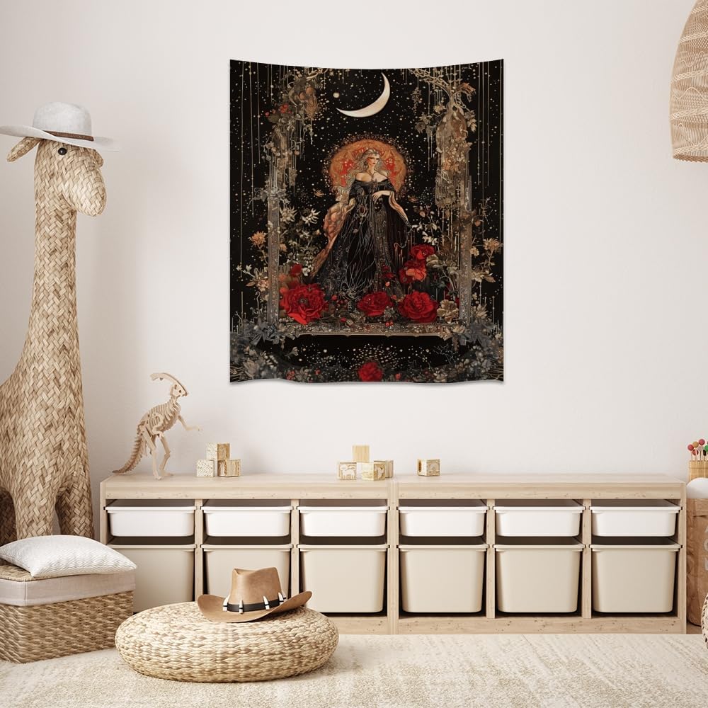 Dark Academia Moon Goddess Tapestry Gothic Fantasy Rose Wall Art Mystical Witchy Woman Print Victorian Artwork Aesthetic Tapestries Wall Hanging for Girls Room Bedroom Decor 60x80inch
