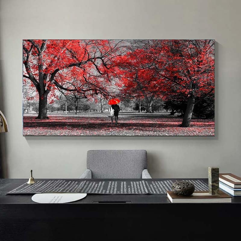 Bamdeya Black White and Red Canvas Wall Art Tree Painting Forest Prints Art Scenery Picture Romantic Couples Artwork for Wall Framed Large Wall Art Living Room Décor Wall Art Bedroom-30x60inches