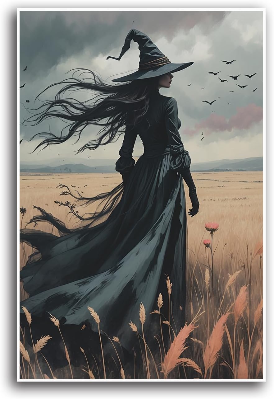 JFHCQJPK Gothic Decor Canvas Wall Art Witch in Rice Field Halloween Art Decor Print Nature Print Victorian Home Bedroom16x24in Frameless