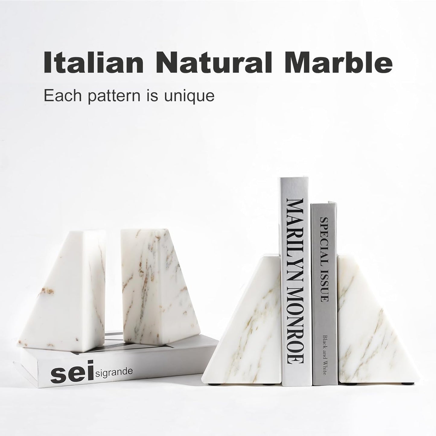 Marble Book Ends White, Heavy Duty Book Ends for Shelves, Decorative Natural Book Stopper，Unique Decorative Bookend for Home Shelves Calacatta Natural Marble Bookend, Set of 2