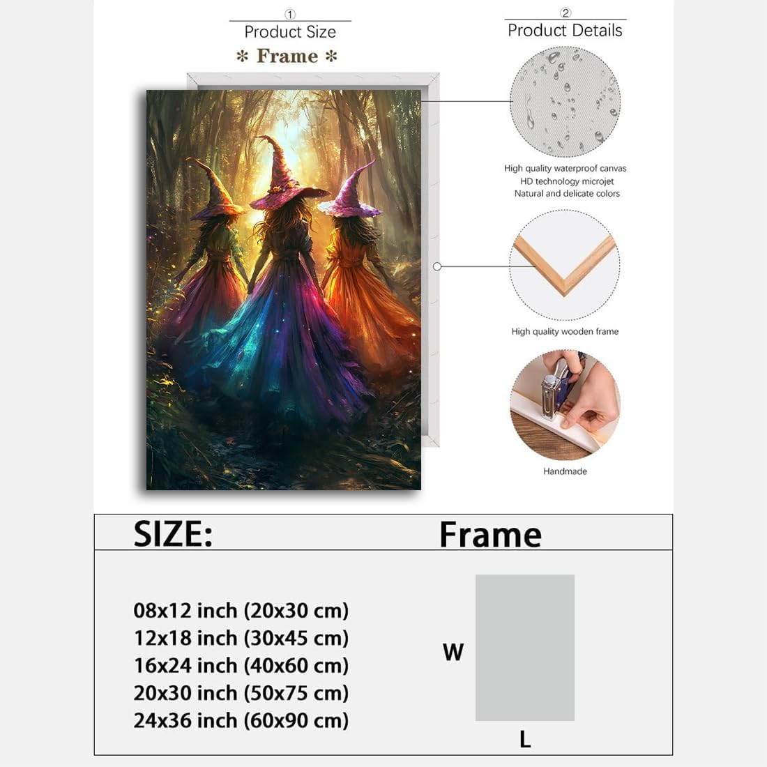 Halloween Room Decor Wall Art Colorful Witch Prints,Vintage Three Colorful Witches in Forest Halloween Posters,Fall Fantasy Aesthetic Pictures Playful Art Wall Decor for Bedroom,12"x18" Framed