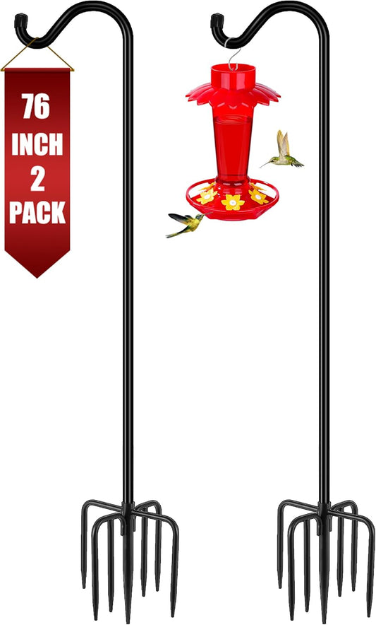 Gtongoko Shepherds Hook for Outdoor, 76 Inch Bird Feeder Pole with 7 Prongs Base, 3/4 Inch Thick Heavy Duty Adjustable Garden Hook for Hanging Plant, Hummingbird Feeder, Lantern, 2 Pack