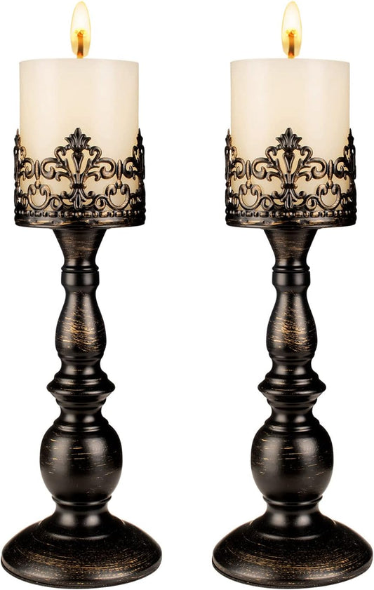 Candle Holders for Pillar Candles Gothic Matte Black Vintage Tall Candle Holders Set of 2 Decorative Large Table Centerpieces Candle Stand Decor (Distressed Black 2PCS A)