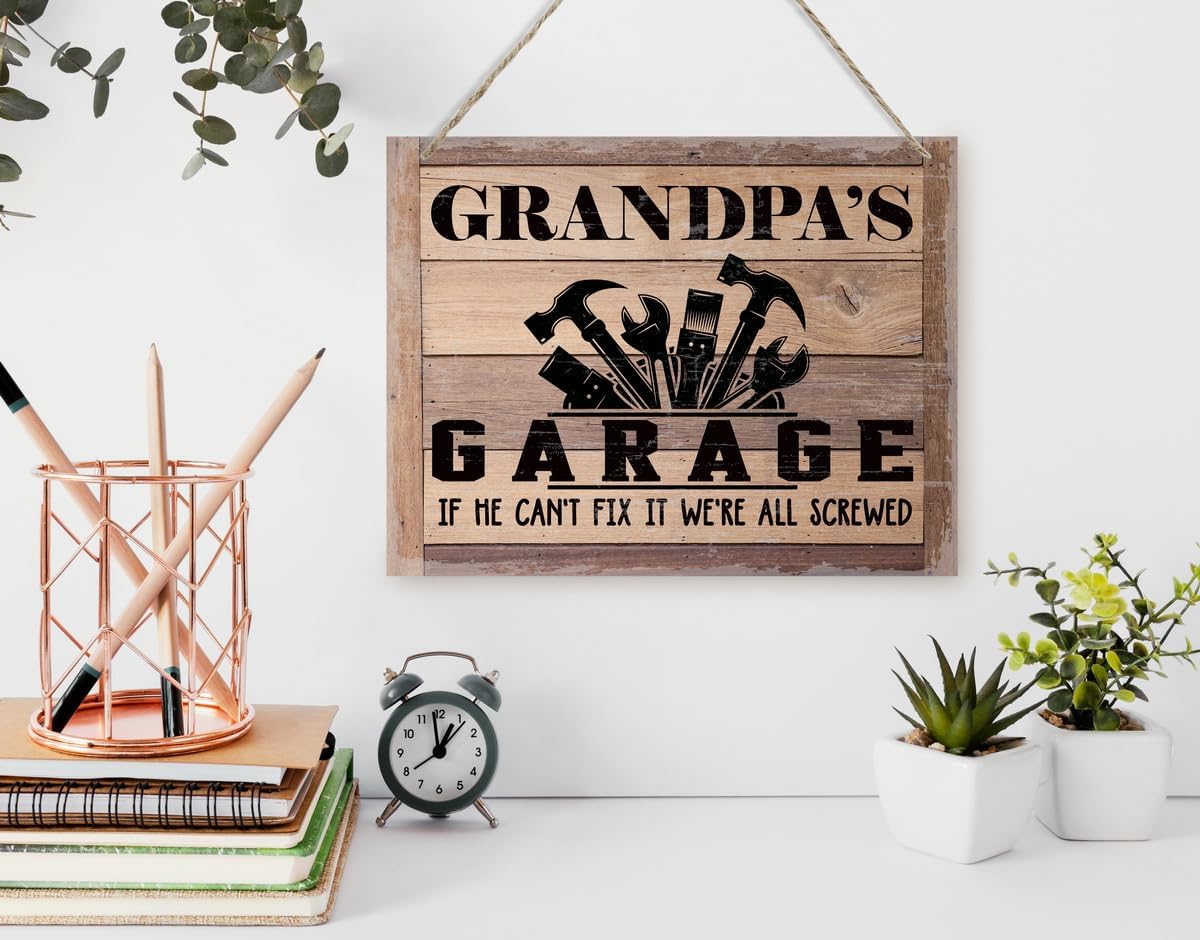 BQL Rustic Wood Sign, Father's Day Gift, Grandpa's Gift, Decor Hanging Wood Sign, 8X10inch, Printed Wood Wall Art Sign, Grandpa's Garage, If He Can't Fix It We're All Screwed