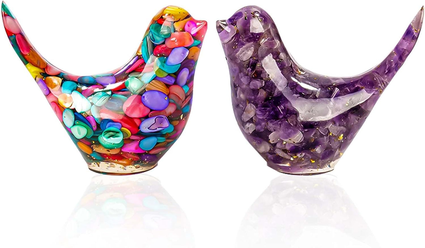 Crystal Bird Figurines, Resin Animal Statues, Miniature Decorative Gravel Birds, Home Decor (2PCS-Purple+Colorful)