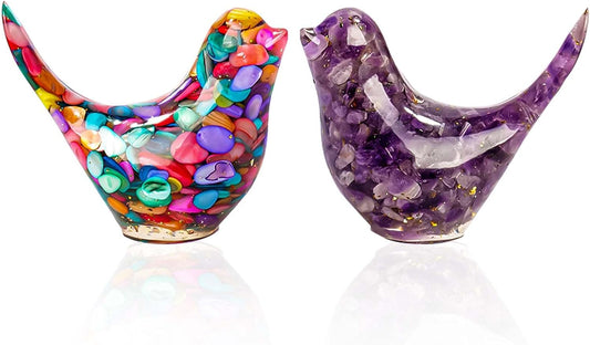 Crystal Bird Figurines, Resin Animal Statues, Miniature Decorative Gravel Birds, Home Decor (2PCS-Purple+Colorful)