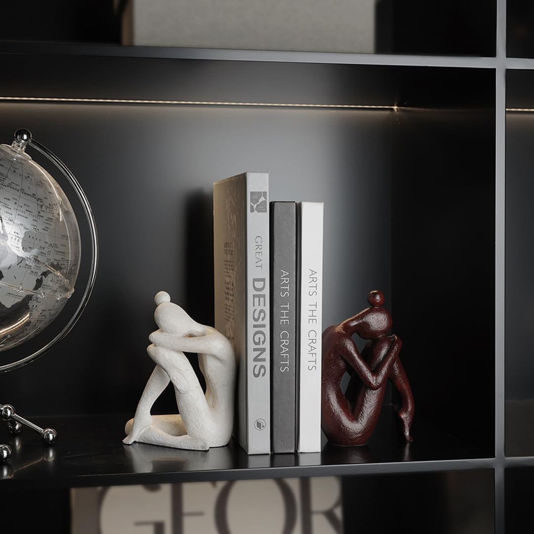 Decorative Bookends for Shelves, Unique Book Ends for Home Office Decor, Meditation Girl Statue Book Stopper for Bookshelf Decor, Modern Abstract Aesthetic Decoration White & Brown