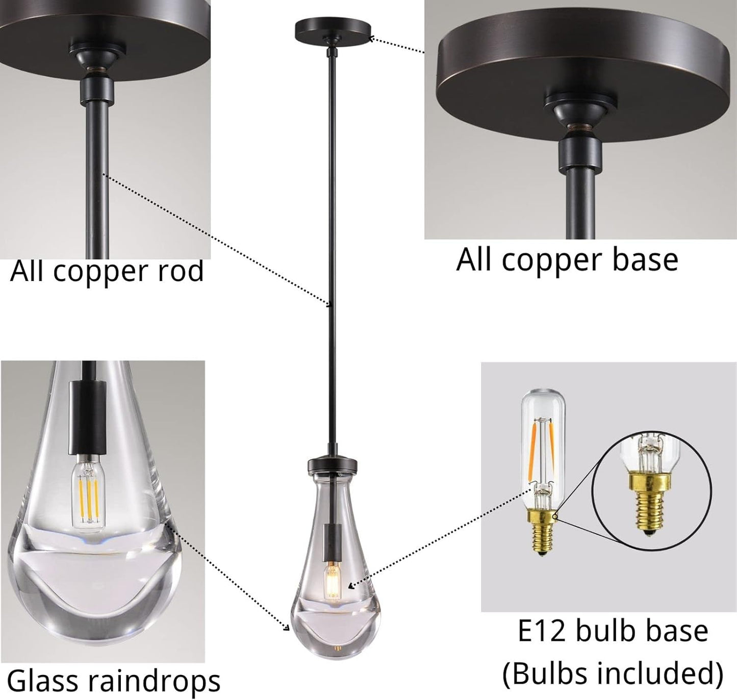 Raindrop Pendant Lights, Bronze Modern Pendant Lights for Kitchen Island with Rod, Penadant Light Fixtures, Chandelier for Living Room Hallway,Bedroom Pendant Light, Bulb Included