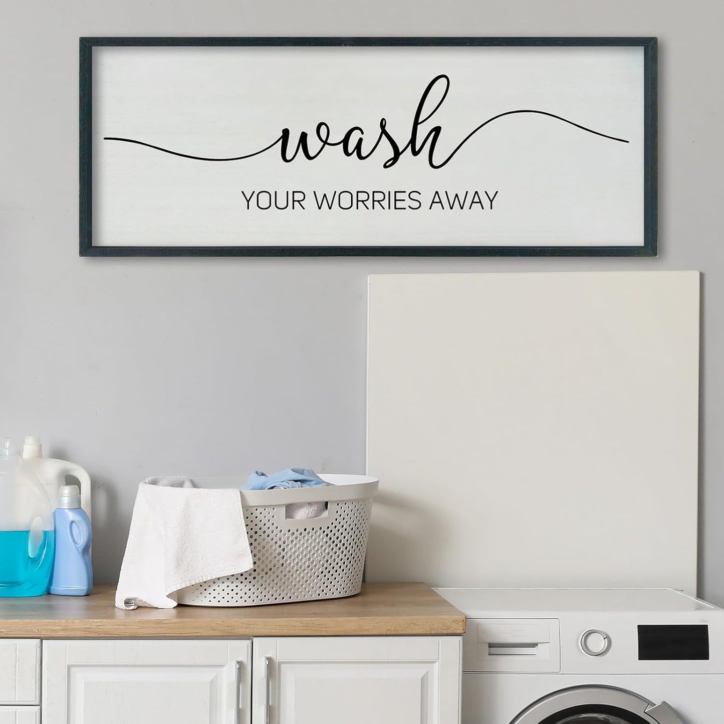 SRSZHIYUE Wash Your Worries Away Bathroom Sign Wall Art 40"x15" Funny Restroom Toilet Large Wood Framed Hanging Decor (Black)