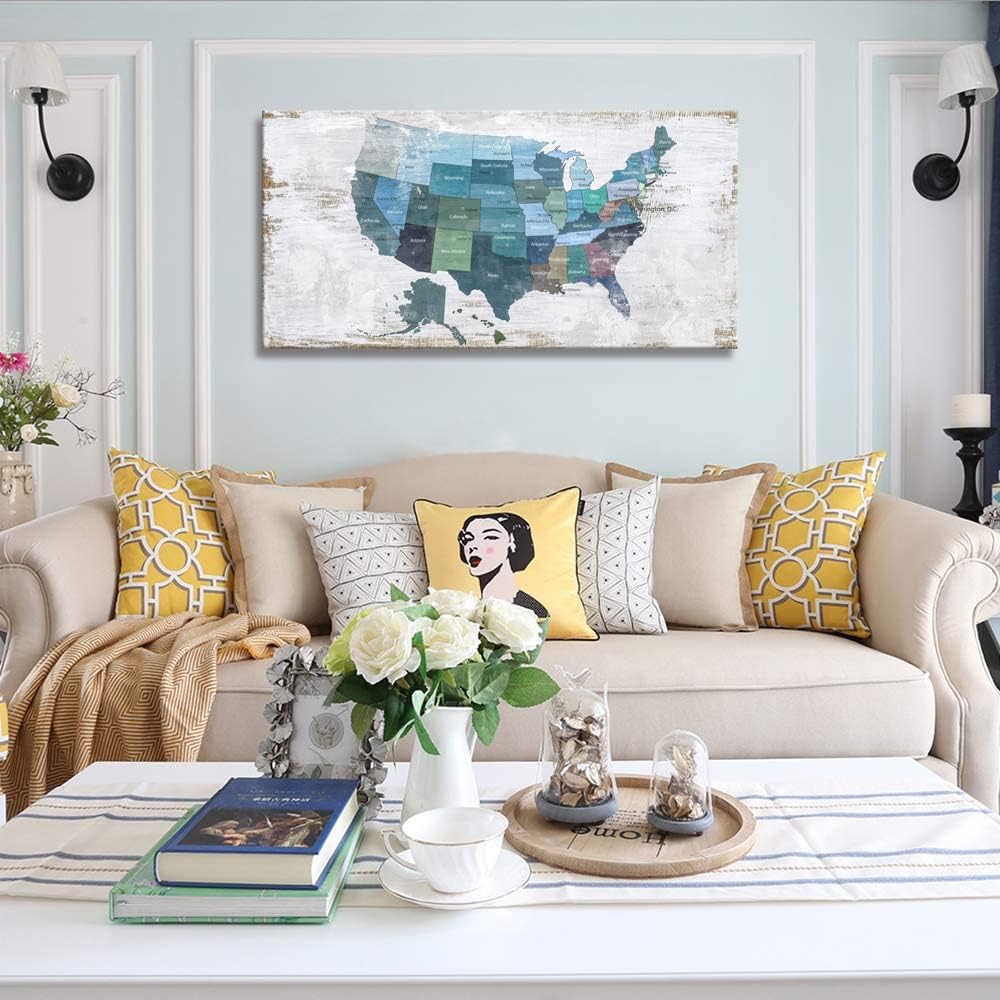 Map of The United States Wall Decor Map Canvas Wall Art for Wall Decoration Wood Background USA Canvas Prints for Bedroom Office Kitchen Home Wall Decor Framed Artwork Ready to Hang30 x60