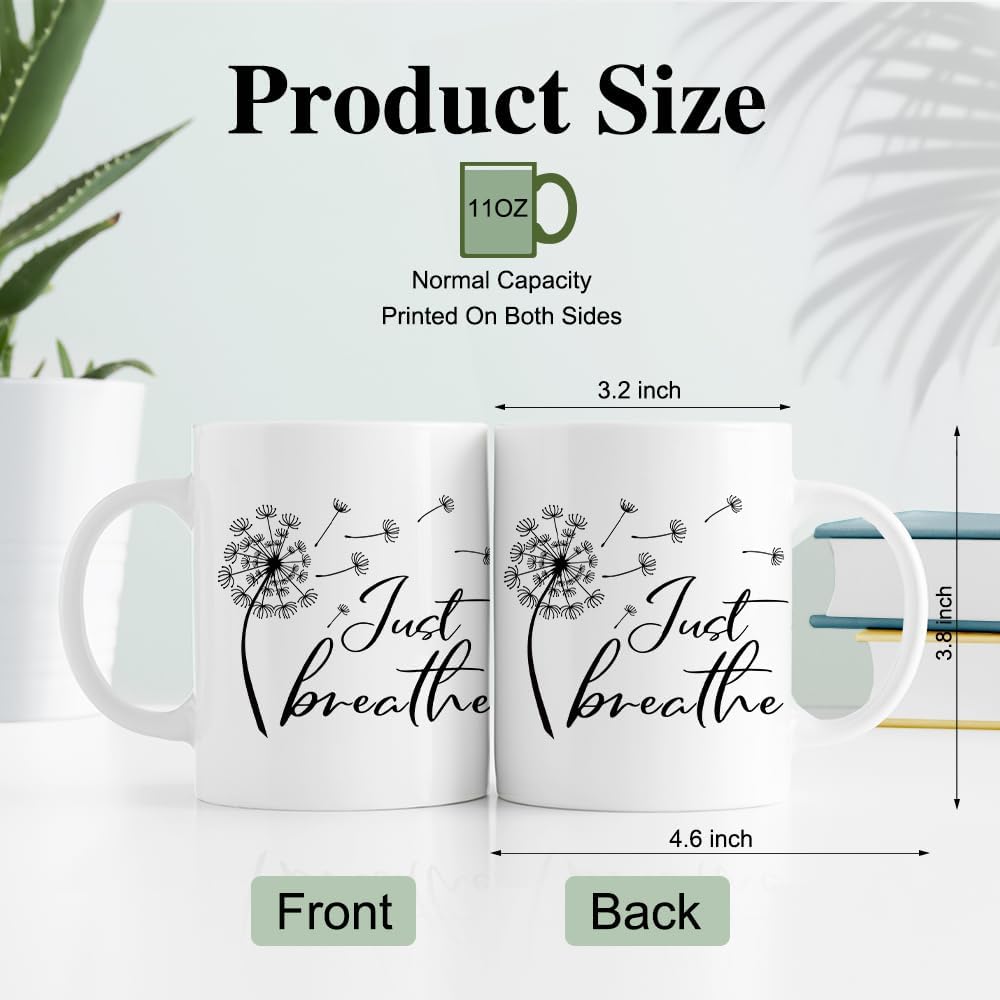 RZHV Just Breathe 11 Oz Novelty Mug, Funny Dandelion Coffee Mug for Floral Lover, Calming Gifts for Yoga Lover, Meditation Mental Health Gifts for Women