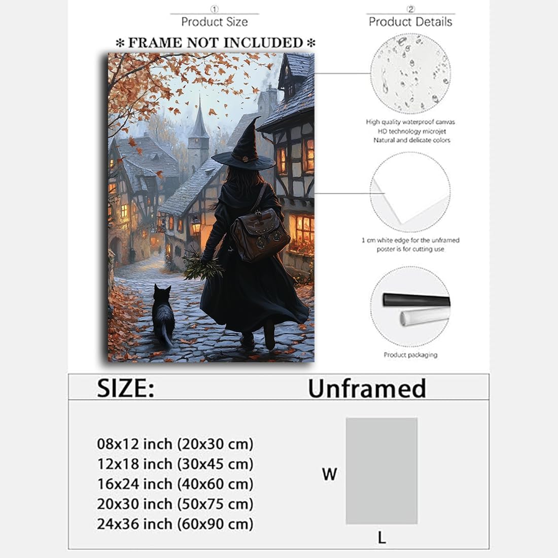 Autumn Witch And Black Cat Picture Wall Decor,Halloween Canvas Vintage Rustic Wall Art,Preppy Bedroom Living Room Bathroom Poster Print,16"x24" Unframed