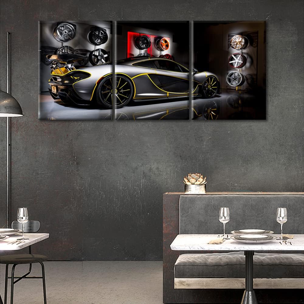 TUMOVO Gray Sports Car Canvas Wall Art Yellow Stroke Supercar Posters & Prints Artwork Contemporary Home Decor Stretched Canvas Picture for Living Room Boys Bedroom Home Office Decor, 36" Wx16 H
