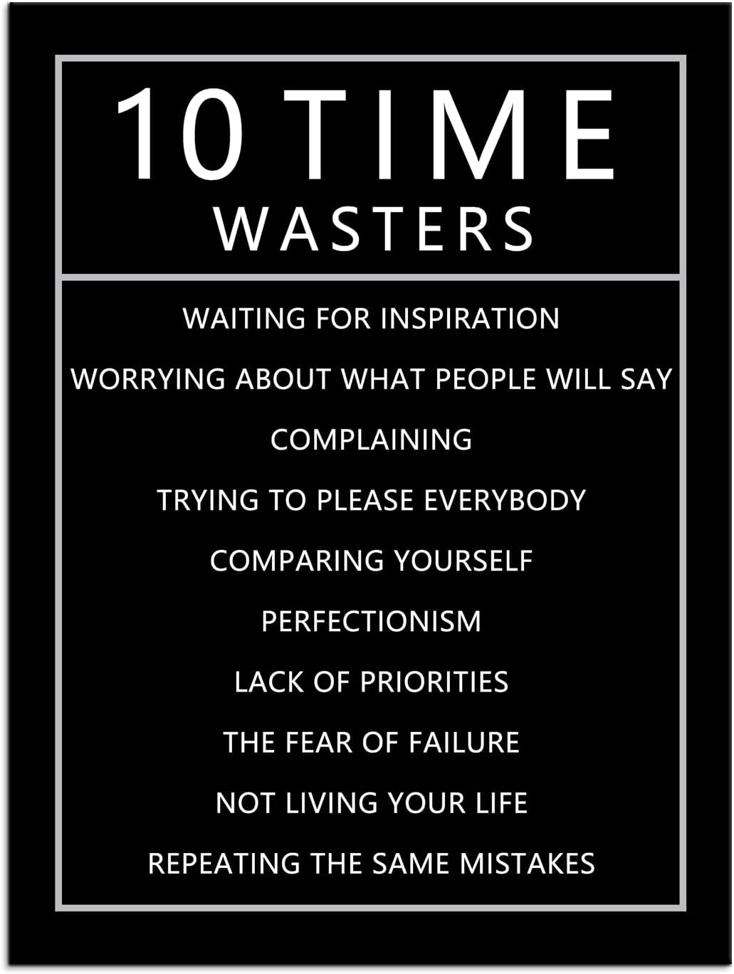 Inspirational Wall Art for Office 10 Time Wasters Motivational Positive Quote Canvas Poster Wall Decor Paintings Wooden Framed Artwork Living Room Bedroom Home Decoration Ready to Hang [30''W x 40''H]