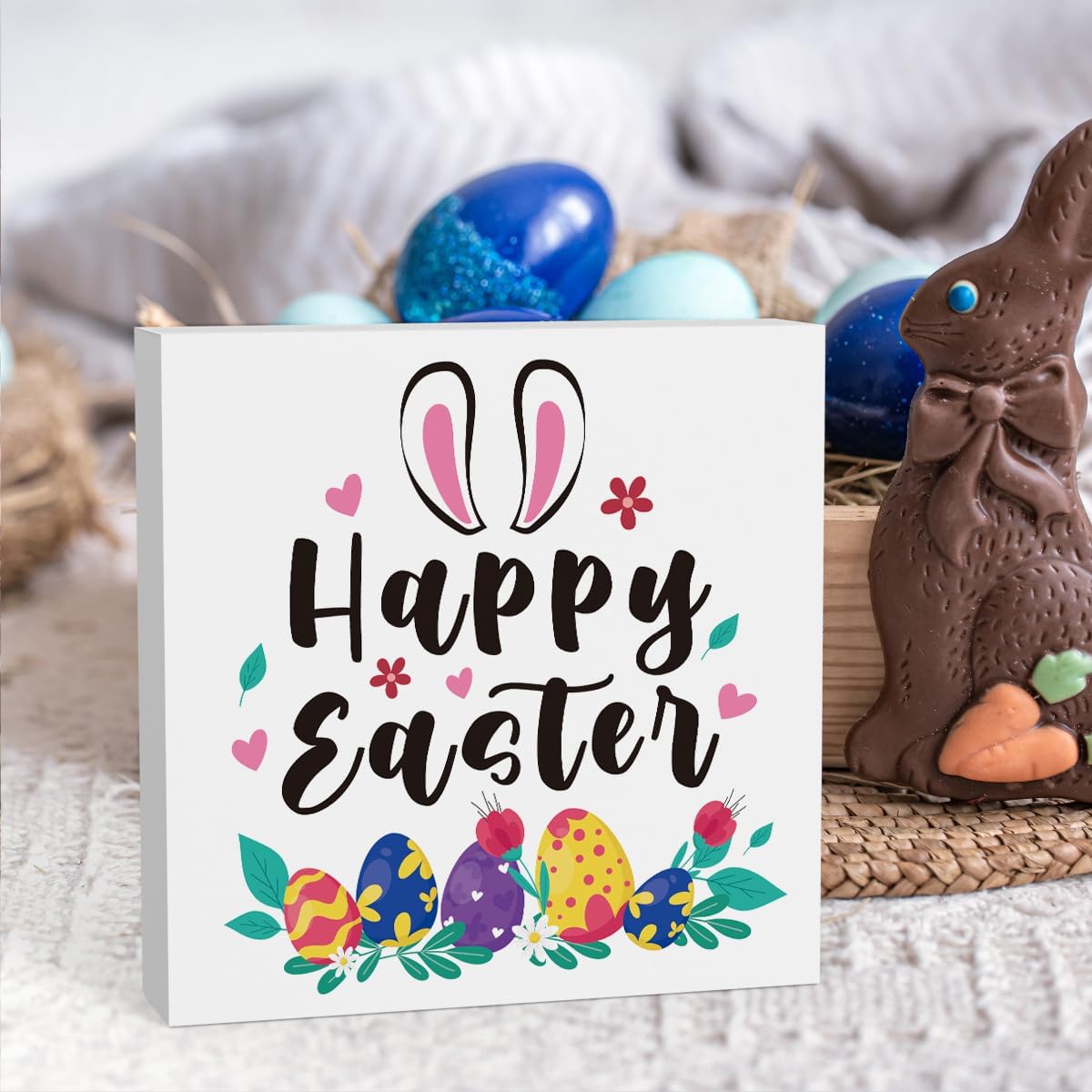 Rustic Farmhouse Bunny Easter Decorations Country Home Office Desk Decor Happy Easter Sign Cubicle Shelf Tabletop Tiered Tray Decor Gifts for Women 5 X 5 Inch