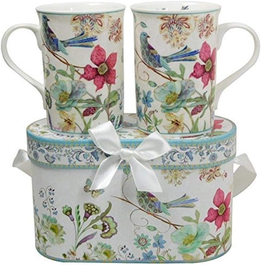 Lightahead Elegant Bone China Two Coffee Mugs set in Blue bird design 11.2 oz each cup in attractive gift box