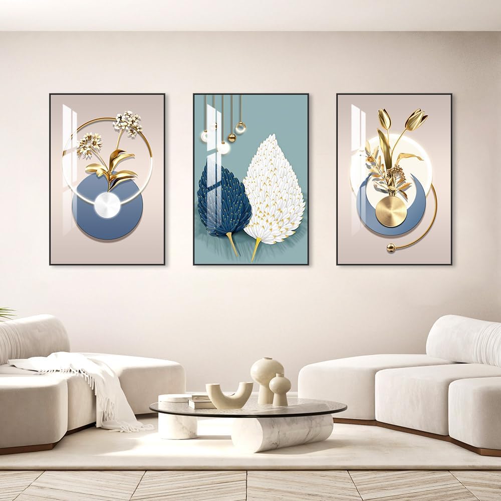 MPLONG Abstract Modern Minimalist Natural Framed Decorative Painting Bright style Wall Art Set of 3Wall Decor for Living Room, Bedroom, Dining Room, Office, etc. (Blue, 16 "X 24" X 3 pieces)