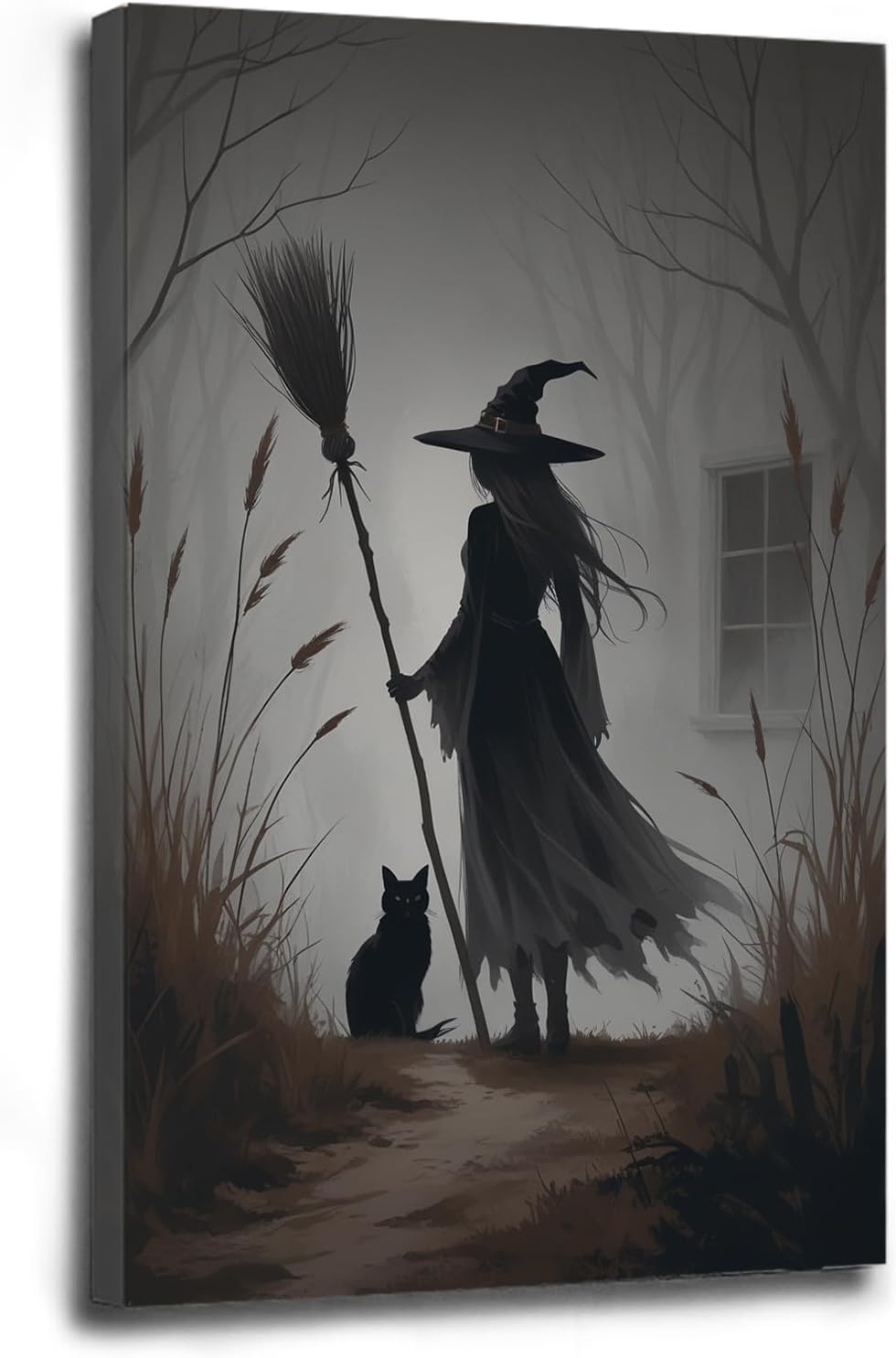 Vintage forest witch and black cat poster Halloween mural poster decoration mural art magic suitable for home living room bedroom20x30in Wood Framed