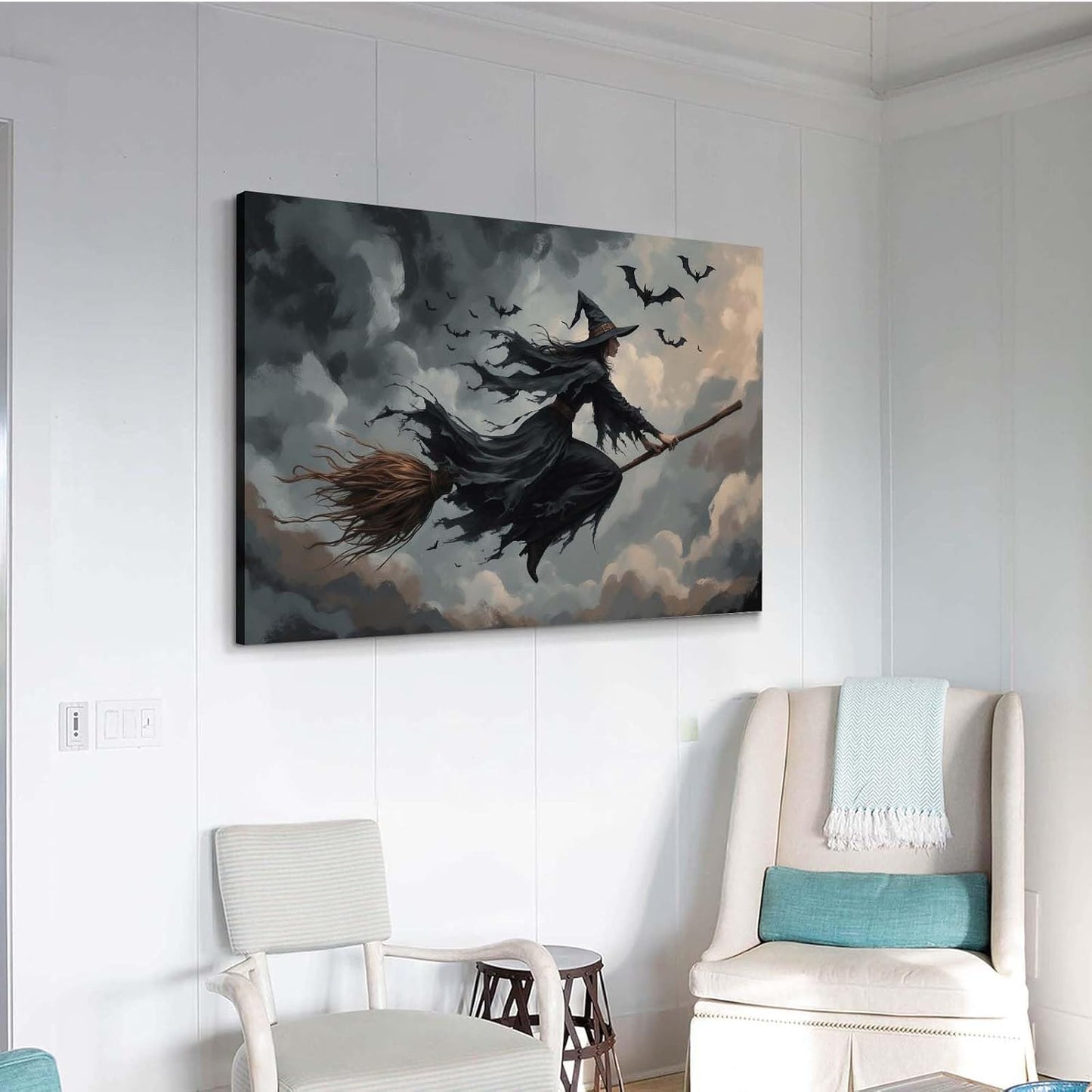 JFHCQJPK Witch and bat flying Halloween poster suitable for home party wall decoration retro Halloween preppy style wall art canvas print suitable for room decoration16x24in Frameless