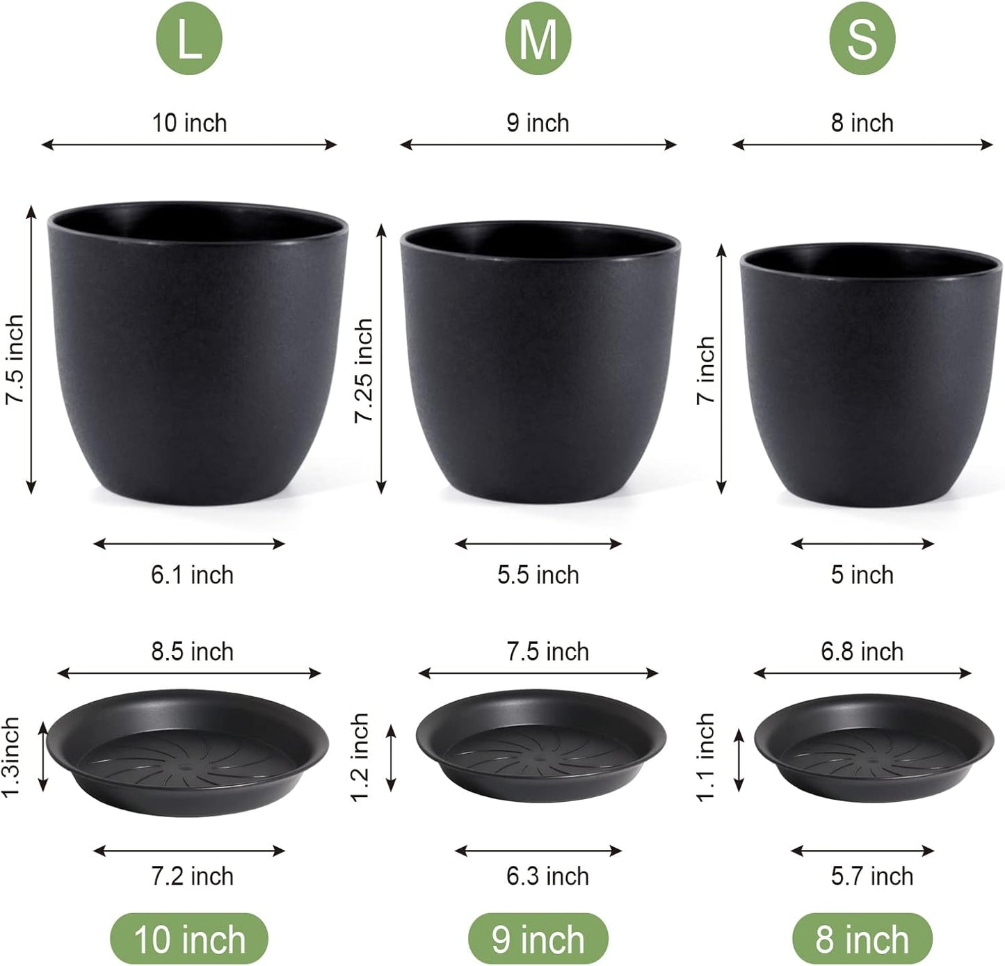 10/9/8 inch Medium Plant Pots, 3 Pack Modern Decorative Plastic Planters with Drainage Holes and Saucers, Flower Pots for Indoor Outdoor Plants, Black