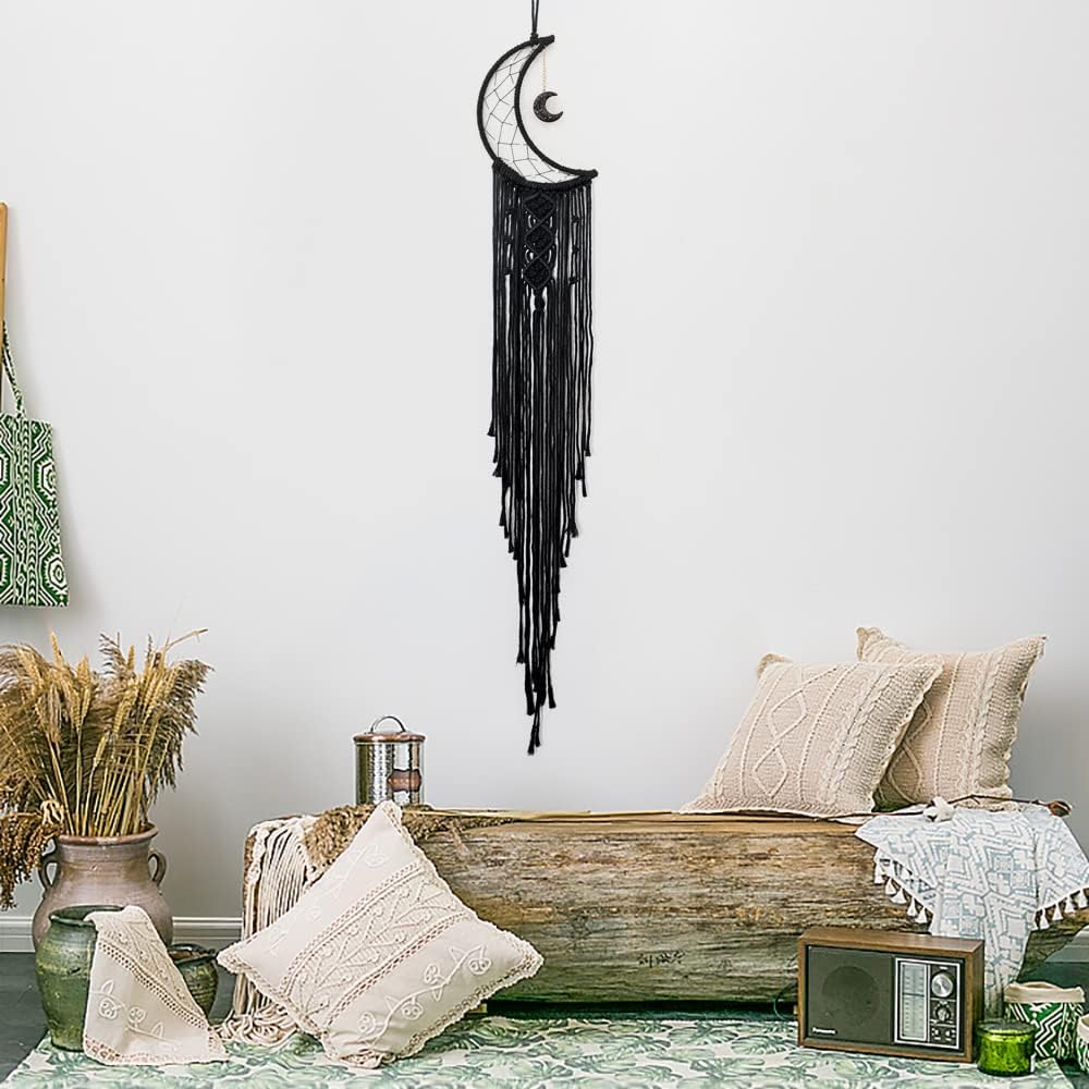 MOONFLY Black Moon Dream Catcher with Handmade Woven Cotton Dream Catchers Boho Macrame Wall Hanging Home Decoration Ornament Craft Gift (Black Moon)