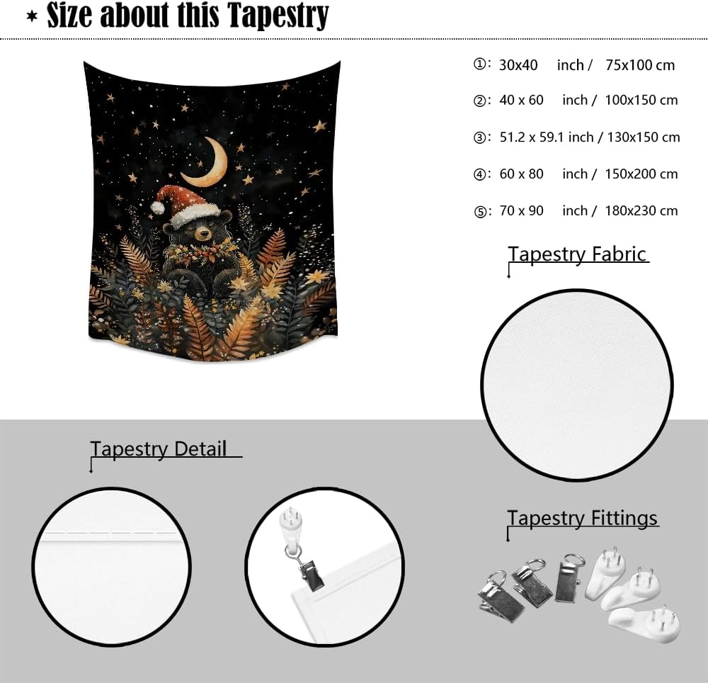 Whimsical Christmas Tapestry Moon Stars Dark Aesthetic Wall Hanging Decor Cute Bear Tapestries for Kids Room Decoration Funny Christmas wall art for Bedroom Dorm Living Room 40x60inch