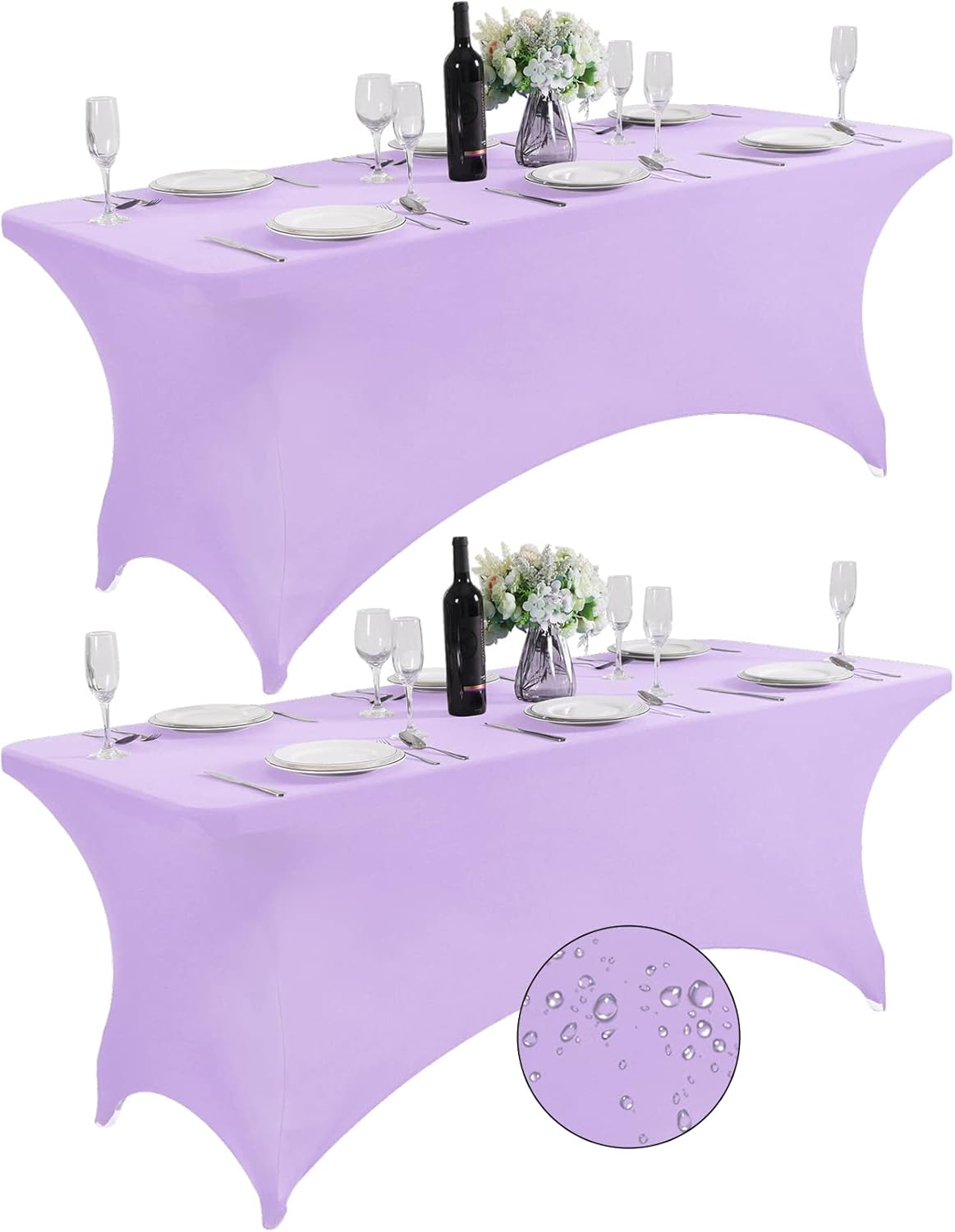 SuperO 2Pack Waterproof Spandex Table Cover for 6FT Table Universal Fitted Stretch Tablecloth for Party, Banquet, Wedding and Events-Lavender