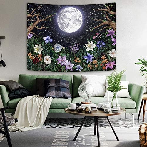 Neasow Aesthetic Moon Garden Tapestry Wall Hanging, Night Landscape with Colorful Plants Floral Tapestries for Bedroom Home Decor Multi Color 68×90 inch (172.5cm×230cm)