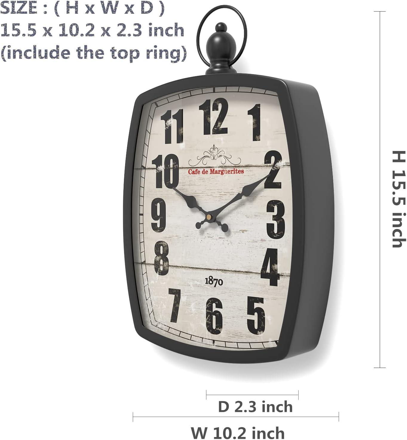 Menterry Rectangle Retro Large Wall Clock, Old-Fashioned Vintage Design, Black Antique Style, Battery Operated Silent Decor Wall Clocks for Farmhouse,Kitchen,Office (15.5" H x 10.2" W)