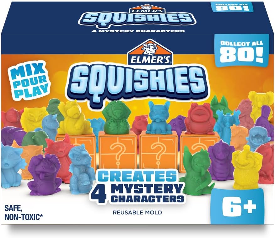 Elmer's Squishies Kids’ DIY Activity Kit, Creates 4 Mystery Characters, 24 Piece Kit, for Ages 6 and Up, Perfect for Stress Relief and Sensory Play
