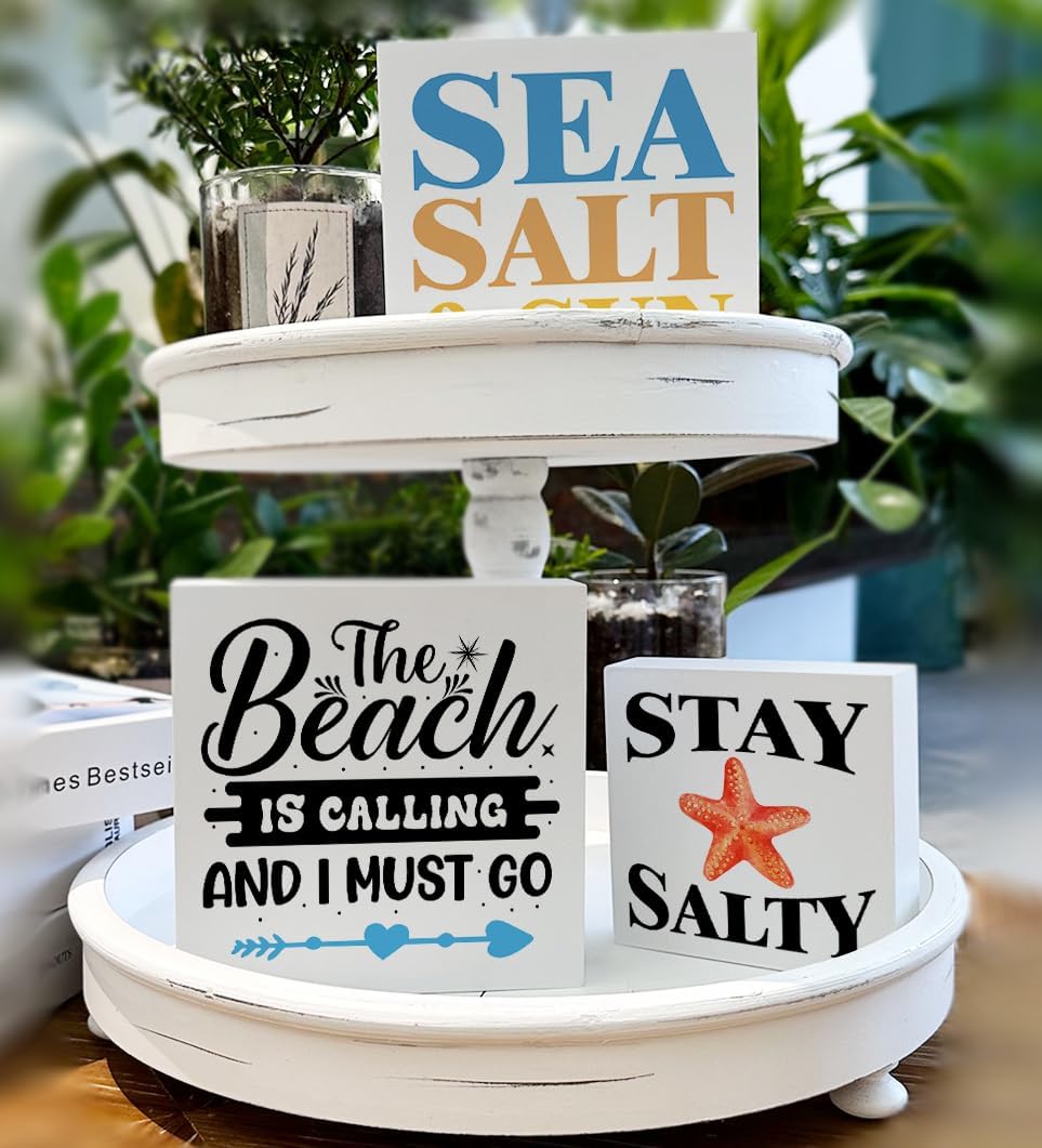 Summer Beach Decor for Home Farmhouse Tiered Tray Decor Beach House 3 Pcs Decorative Wood Box Signs Table Desk Shelf Decoration