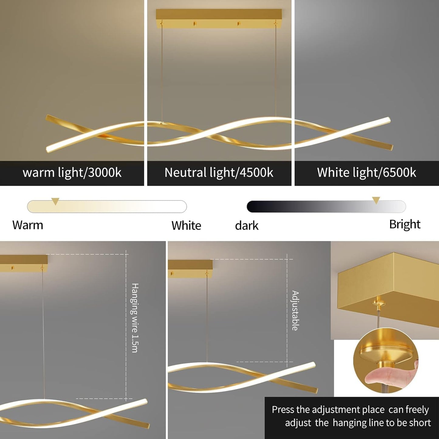Modern Ceiling Pendant Light, with Remote Control Dimmable 3 Color Mode & Brightness Ceiling Lamp, Anti-Flicker Dining Light Fixture for Kitchen, Dining Room (Gold, 39IN)