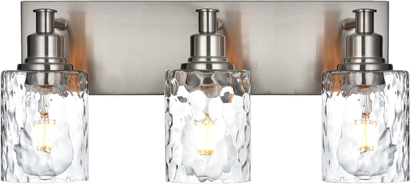 BONLICHT Bathroom Vanity Light Fixtures 3 Lights Modern Wall Sconce Brushed Nickel with Metal Base and Hammered Glass Shade, Industrial Farmhouse Bath Wall Lights for Hallway Kitchen Bedroom