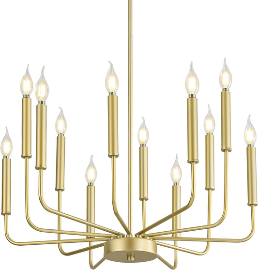 Modern Gold Farmhouse Chandeliers, 12-Light Industrial Metal Chandelier Lighting, Classic Candle Hanging Pendant Light Fixtures for Kitchen, Dining Room, Living Room, Entryway
