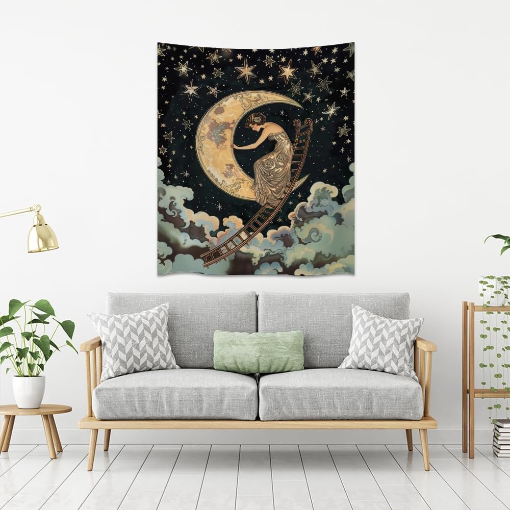 Dark Academia Gothic Aesthetic Tapestry ladder to The Moon and Stars Wall Hanging Print Trendy Vintage Art Nouveau Tapestries Decor for Home Bedroom Living Room 60x80inch