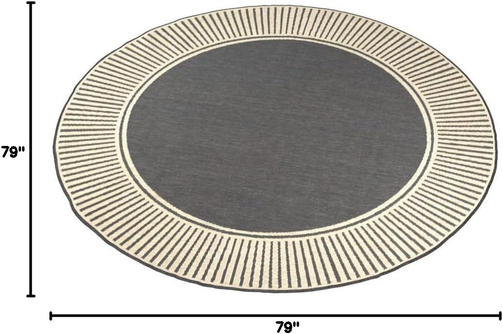 nuLOOM 6'7" Round Outdoor Area Rug, Casual Design With Striped Border, Stain Resistant, Highly Durable, For Patio, Balcony, Bedroom, Living Room, Dining Room, Bathroom, Dark Grey