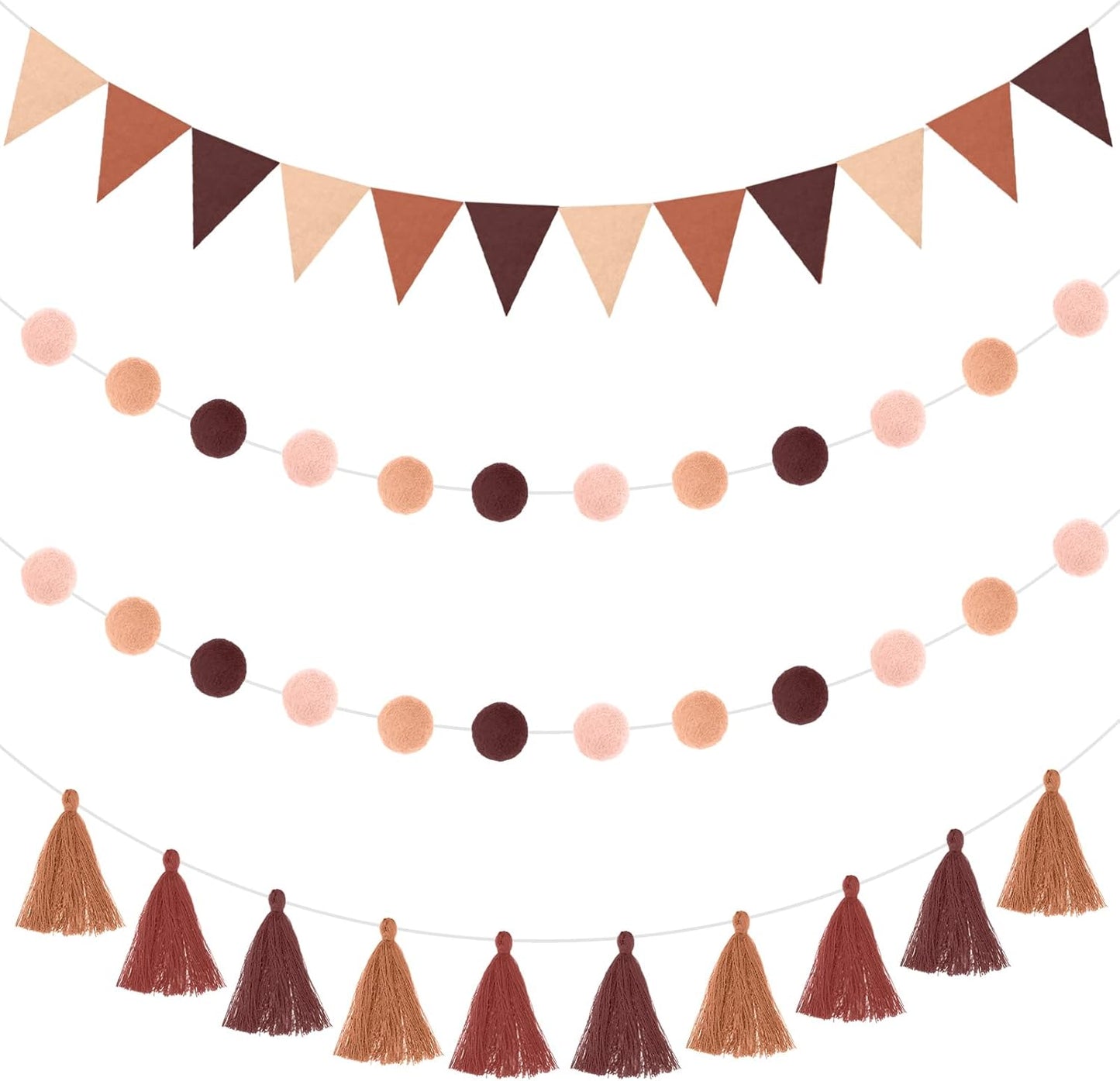 Irenare 9.8 ft Pom Pom Garland Felt Colorful Tassel Banner Christmas Party Pompoms Garland Decorations Felt Pennant Banner for Classroom Home Mantel Fireplace Birthday(Gradient Brown)
