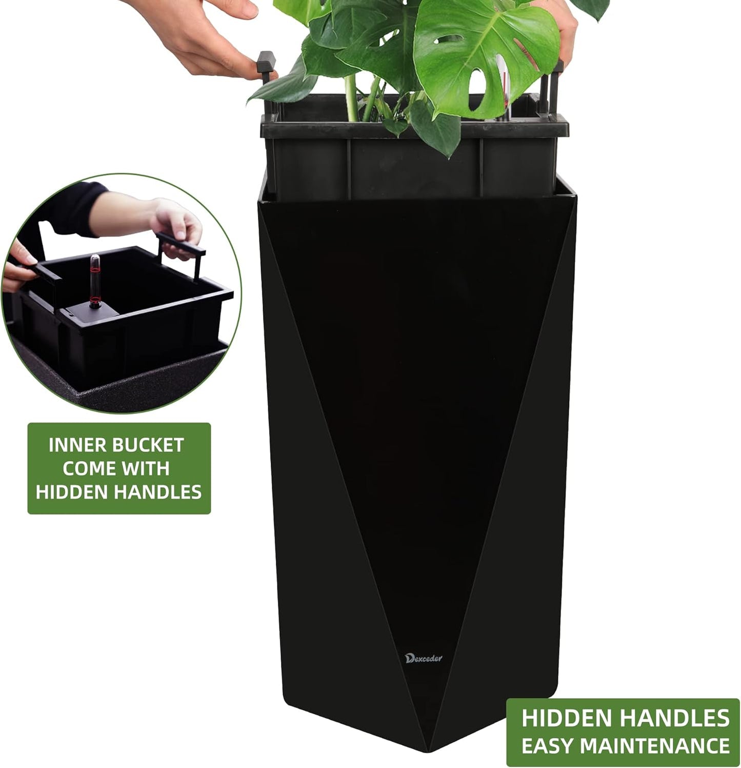 Dexceder 24 Inches Tall Self Watering Planter Diamond High Gloss Indoor Outdoor, Thickened Rhombus Large Floor Standing Flower Plant Pot with Water Level Indicator (Black)