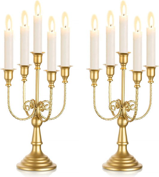 Sziqiqi Candelabra Candle Holder Gold Set of 2-5-stem Metal Candlestick Holders for Taper Candles for Centerpieces Table Wedding Birthday Fireplace Christmas Decor