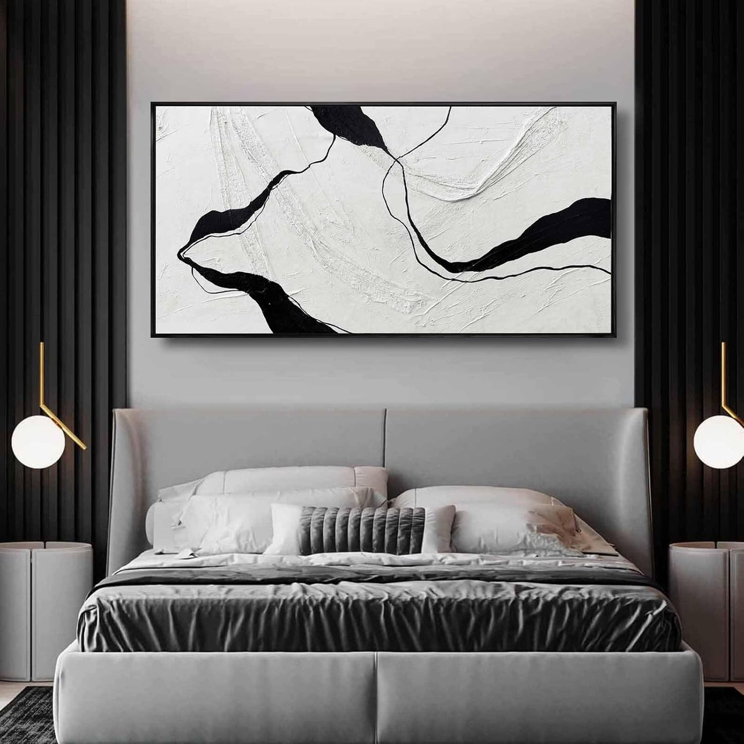 Framed Minimalist Wall Art 24"x48" Black and White Abstract Print Poster Line Canvas Modern Artwork for Living Room Bedroom Office Decor