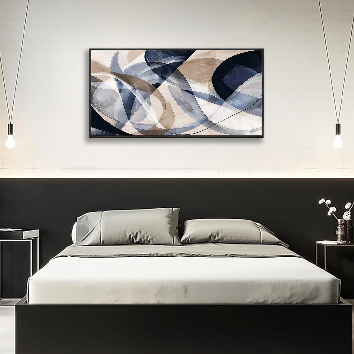 Modern Geometric Abstract Canvas Wall Art Navy Blue and Beige Tones Canvas Painting Framed Home Artwork Living Room Decor for Bedroom Office Wall Decor 30 x 58 inches