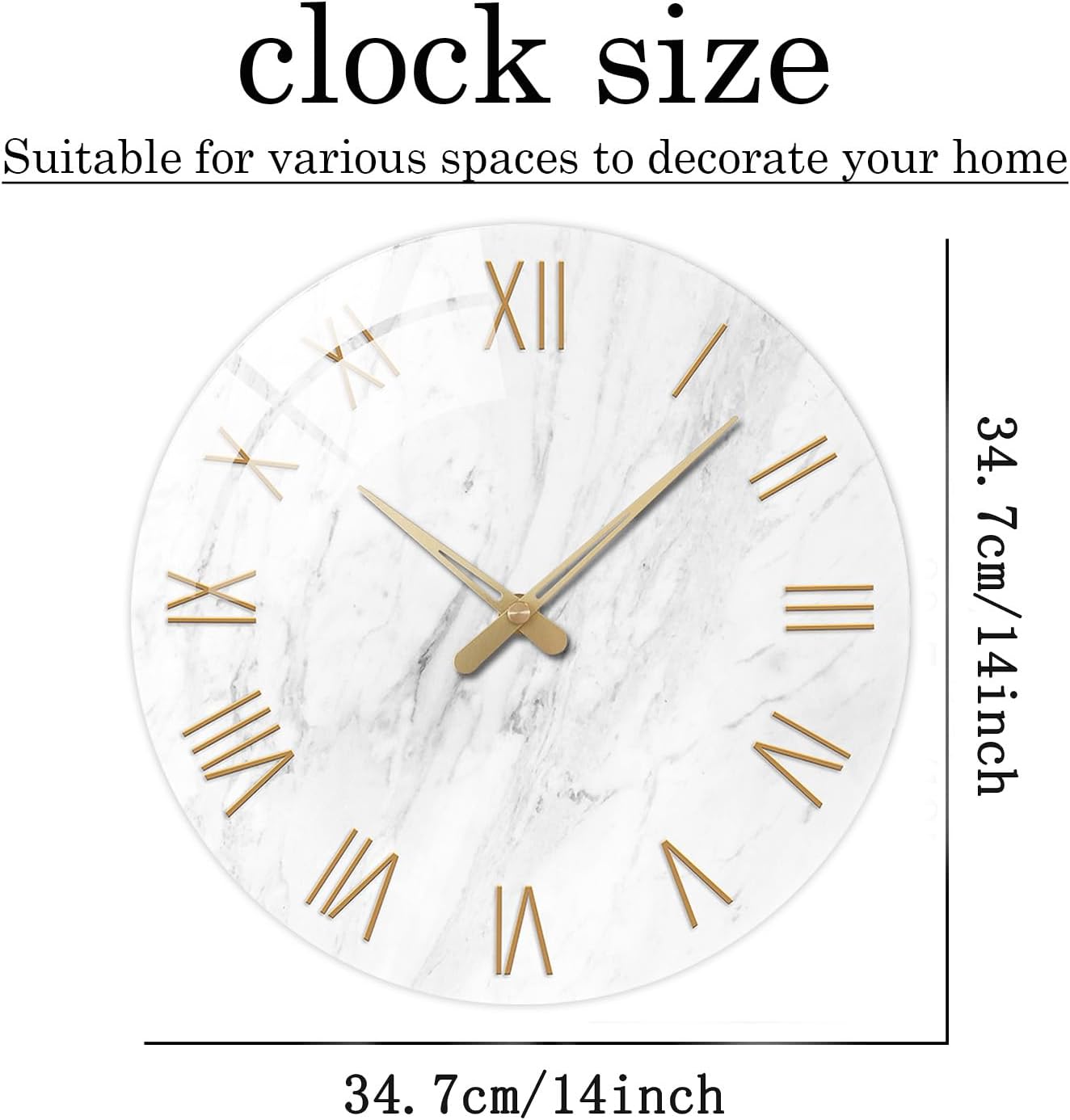 Round Marble Battery Wall Clock Modern 14 Inch White Minimalist Wall Clock for Kitchen Quartz Glass Slient Clock for Wall