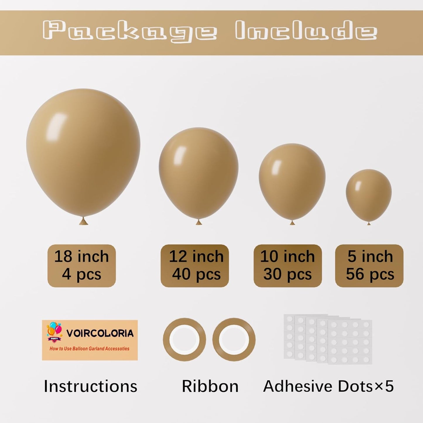 130pcs Tan Balloons Different Sizes 18" 12" 10" 5" Light Brown Latex Balloon Garland Arch Kit for Birthday Baby Shower Graduation Wedding Gender Reveal Anniversary Party Decorations
