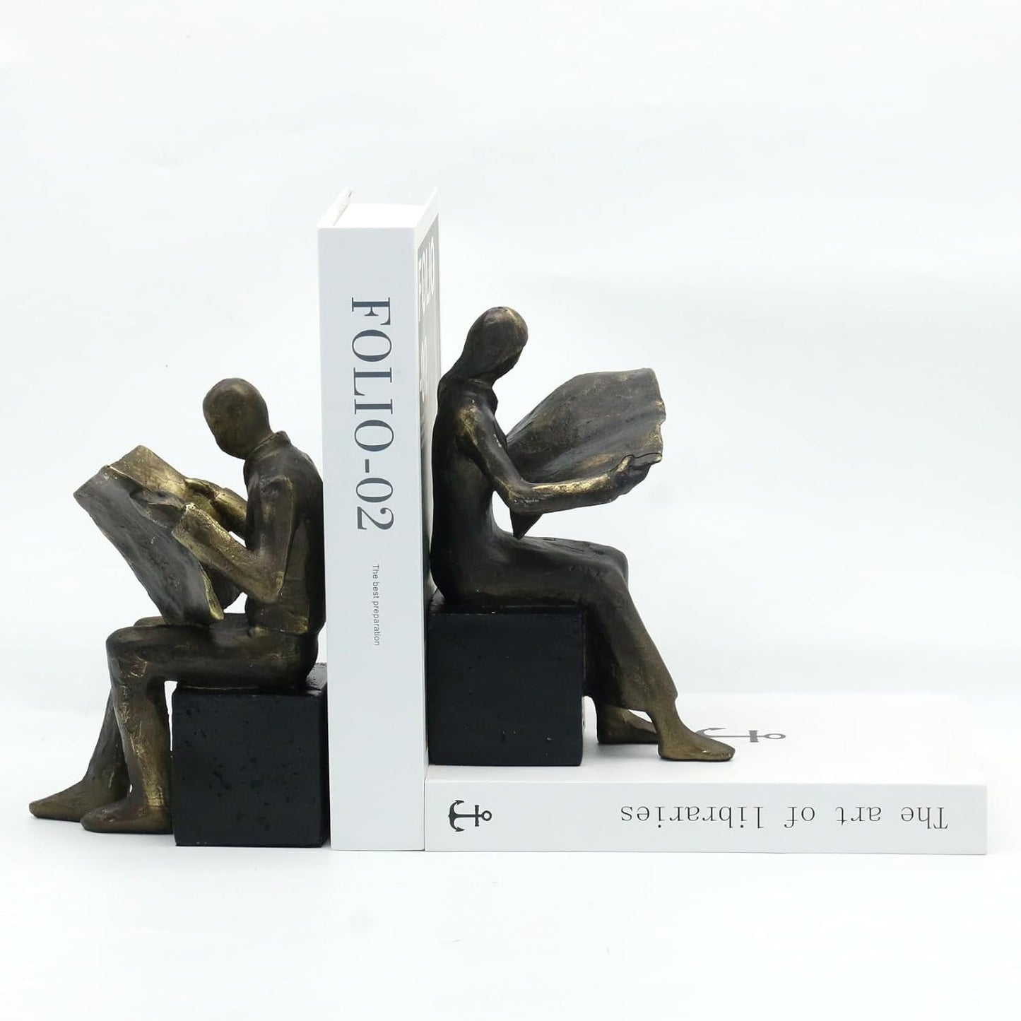 Lukitas Decorative Newspaper Reader Bookends, Heavy Duty Book Holder Non-Slip, Vintage Home Décor Accessories for Study Office Bookshelf, Bronze, Resin, 1Pair/2Piece