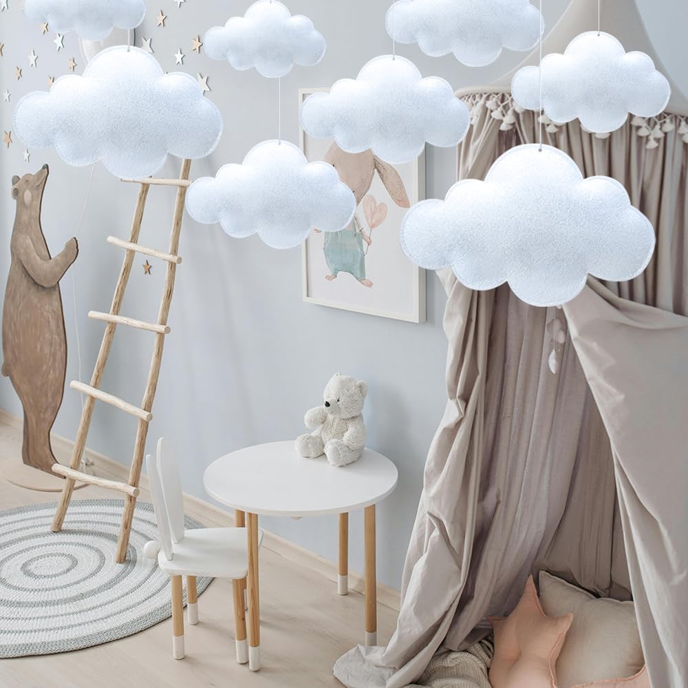 12 Pcs 3D Cloud Decorations Hanging Clouds for Room Ceiling Decor Clounds Decorations Felt Fake Cloud Ornaments Cloud Props for Art Stage Wedding Nursery Children Room Themed Party Baby Shower