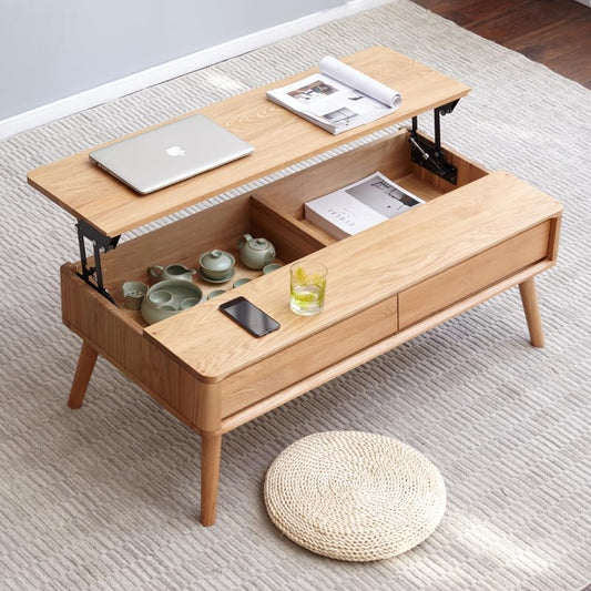 100% Solid Wood Lift Top Coffee Table for Living Room, Mid Century Modern Tables with Drawers and Large Storage, Oak Coffee Tables for Small Spaces (Oak Wood Log, 39.37" W x 21.65" D x 25.59" H)